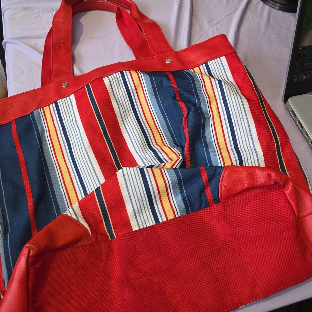 Striped Canvas Foldable Reusable Shopping Bag Red Blue White Yellow