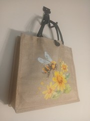 Foldable Canvas Reusable Shopping Bag, Floral Bee Print, Beige Yellow Black