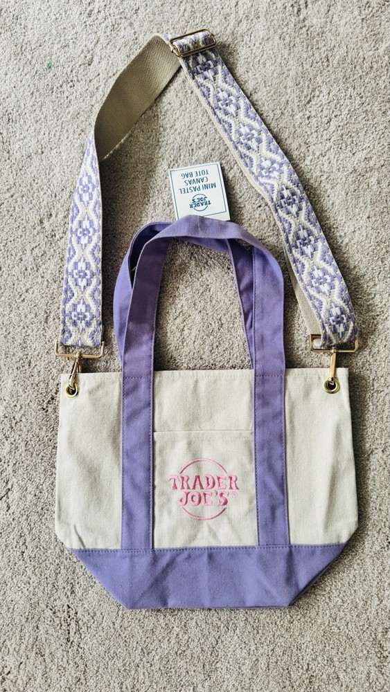 Trader Joe’s Mini Pastel Canvas Tote Bag Purple Beige Geometric Adjustable Strap
