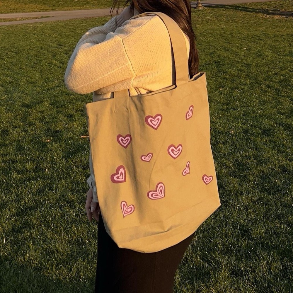 Large green Canvas Foldable Tote Bag with Purple Heart Pattern Reusable Shopping