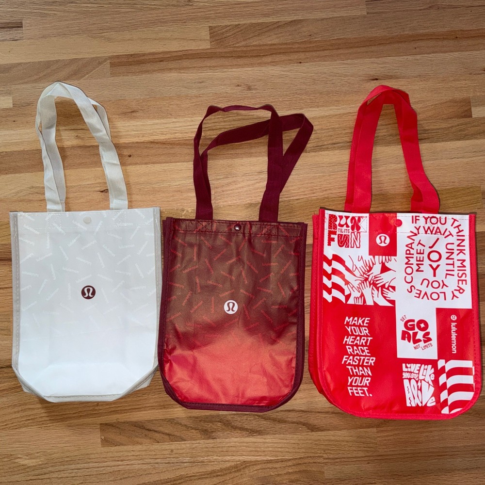 3 Different Lululemon Small Reusable Shopping Gym Lunch Gift Bag Red White Gray
