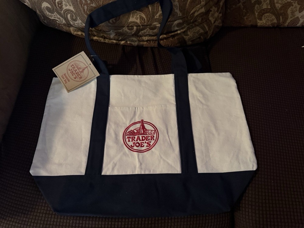 Trader Joe’s Canvas Foldable Reusable Shopping Bag White Navy Blue
