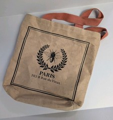 Paris Jute & Cotton Reusable Tote Bag Bee Pattern Beige/Black w Pink Handles