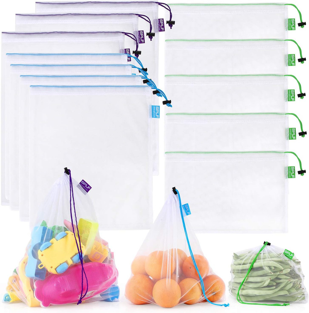 12 Pack Reusable Mesh Produce Bags with Drawstring for Fruits Veggies Grocery