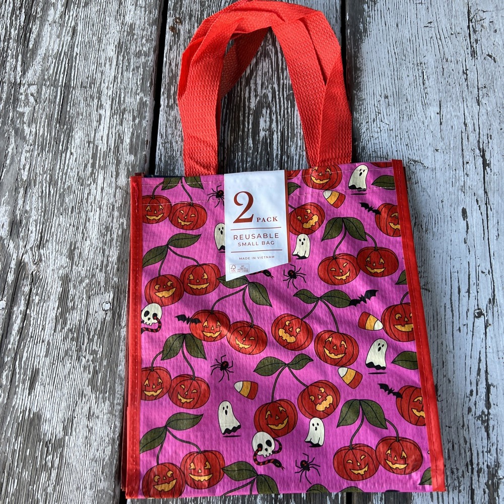 NWT Halloween 2 Reusable Shopping Bags Cherries Skulls GHOSTS 👻Woodland Animals