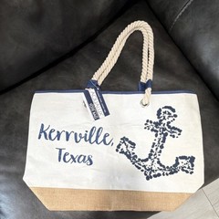 Aqua Lux Kerrville TX Anchor Canvas/Jute Tote w/ Inner Pocket, White Blue Tan