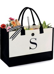 Monogram S Reusable Tote Shopping Bag Black Beige Foldable inside Zip Pocket