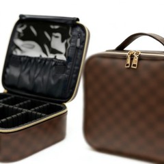 LEAFFUP Checkered Makeup Bag, Portable Bag with Adjustable Brown
