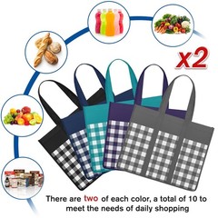 10-Pack Large Reusable Grocery Shopping Bags Foldable Tote Bags Bulk Plaid
