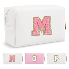 Personalized Makeup Bag Initial A-Z Preppy Patch M, White,Pink-Letter