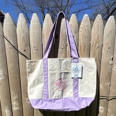 Trader Joe’s Large Reusable Shopping Bag Beige Purple Cotton Polyester Foldable