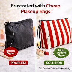 Striped Canvas Makeup Bag – Red & White Zipper Cosmetic Pouch &