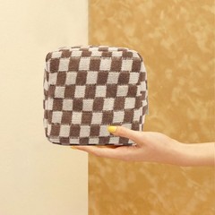 Small Brown Makeup Bag for Purse, Mini Checkered Cosmetic