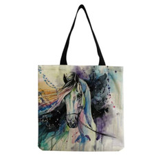 Medium Canvas Shopping Bags Whimsical Cat, Horse Print 14″x15″