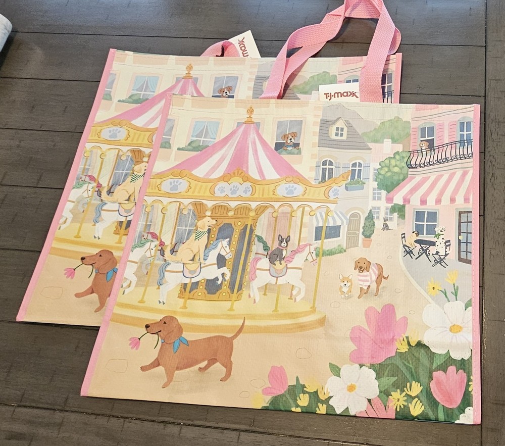 NEW Lot 2 TJ Maxx Dog Village Carousel XL Shopping Bags Reusable Waterproof ECO