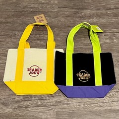 2 New Yellow & Halloween Purple Green Trader Joe’s Mini Canvas Tote Bags