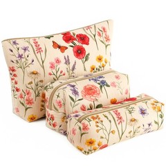 Shinylin 3 Pcs Spring Corduroy Makeup Bag Set for Women Flower colorful