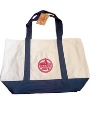 Trader Joe’s Reusable Shopping Bag Canvas Foldable White Navy Blue Solid Tote