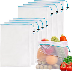 8 Reusable Blue Mesh Produce Bags – Large (12″X17″) Washable See-Through Mesh fo