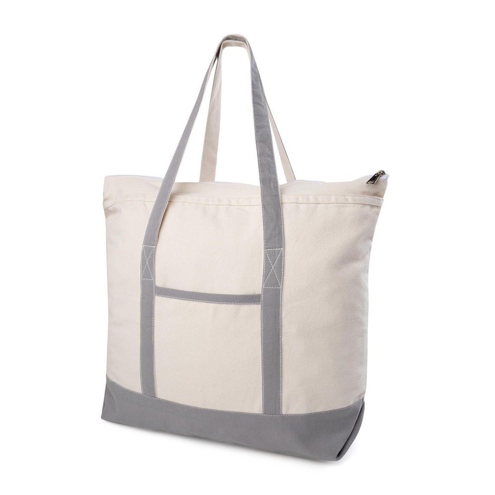 Canvas Tote Bag with Zipper & External Pocket, Cotton Reusable Grocery Shoppi…