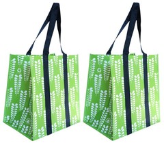 Reusable Shopping Bags, X-Large, Stay Open Premium Wipe Clean (2, Green Leaves)