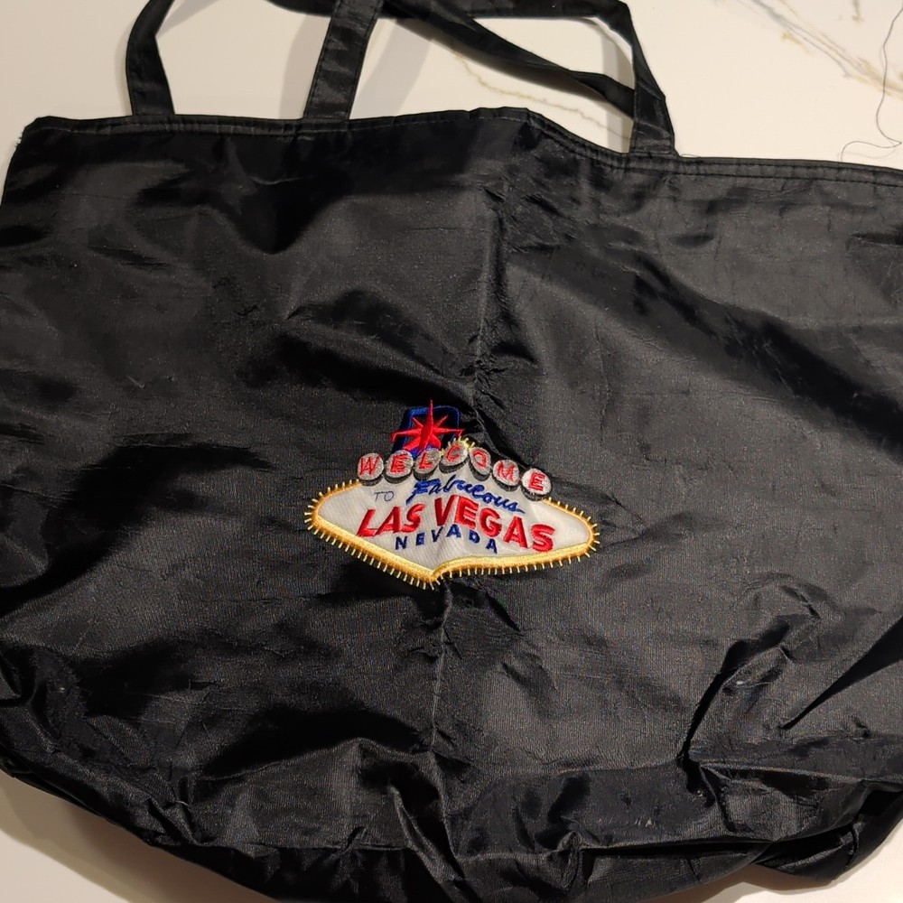 Large Black Foldable Nylon Reusable Shopping Bag Las Vegas Embroidery