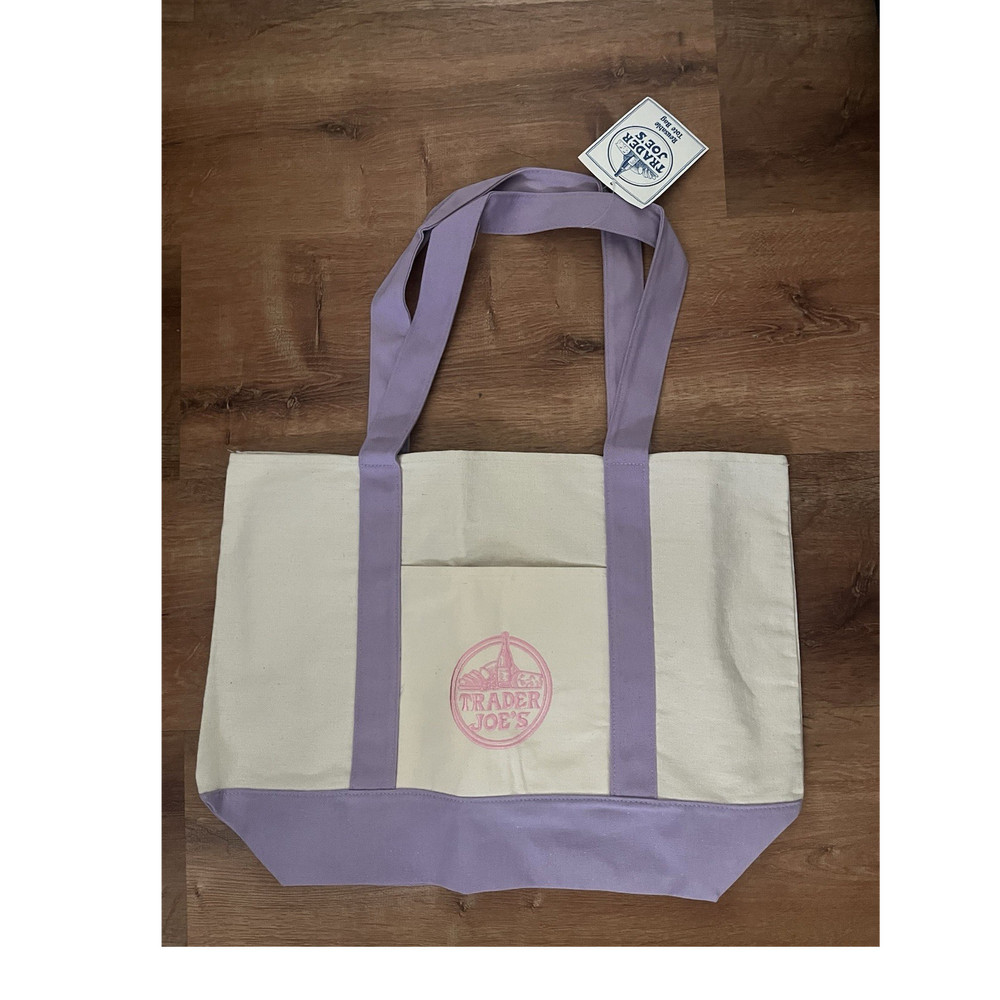 Trader Joe’s Reusable Tote Bag Purple/Beige Large Cotton/Poly 14x8x4 New