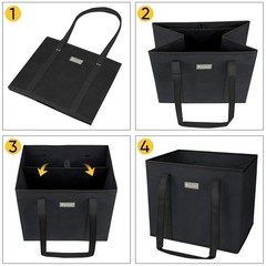 3 Pack Black Foldable Reusable Grocery Shopping Bags Reinforced Bottom Handles