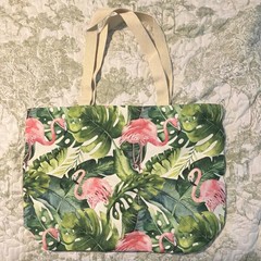 Canvas Foldable Reusable Shopping Bag Flamingo Leaf Print Multicolor Pink Green