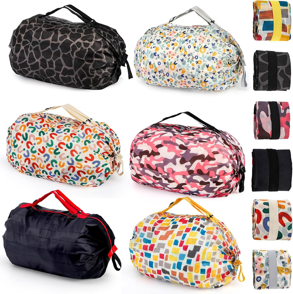 6 Pack Foldable Bag with Zipper, Reusable Shopping Bags, Large Capacity Grocery