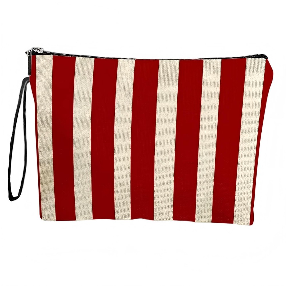 Striped Canvas Makeup Bag – Red & White Zipper Cosmetic Pouch &