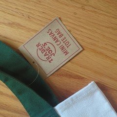 Trader Joe’s Mini Canvas Tote Bag Foldable White Green 65% Cotton Polyester