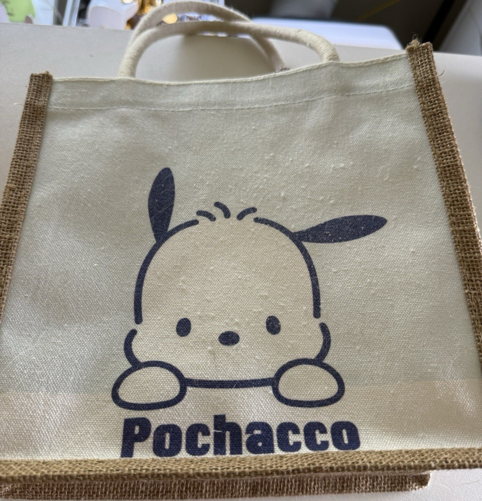 Sanrio Pochacco Character Reusable Canvas Jute Tote Bag Small Beige/Brown