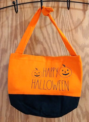 Rae Dunn Happy Halloween Canvas Bag Orange and Black Pumpkins NEW