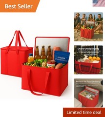 2-Pack XL-Large Insulated Grocery Shopping Bags, Red, Reusable, Heavy Duty, Z…