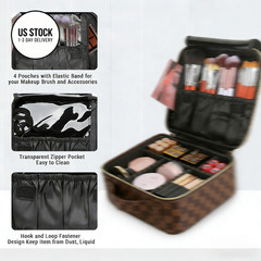 LEAFFUP Checkered Makeup Bag, Portable Bag with Adjustable Brown