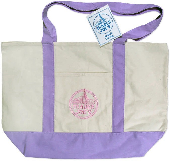 Trader Joe’s Foldable Canvas Reusable Tote Bag Beige Purple Solid