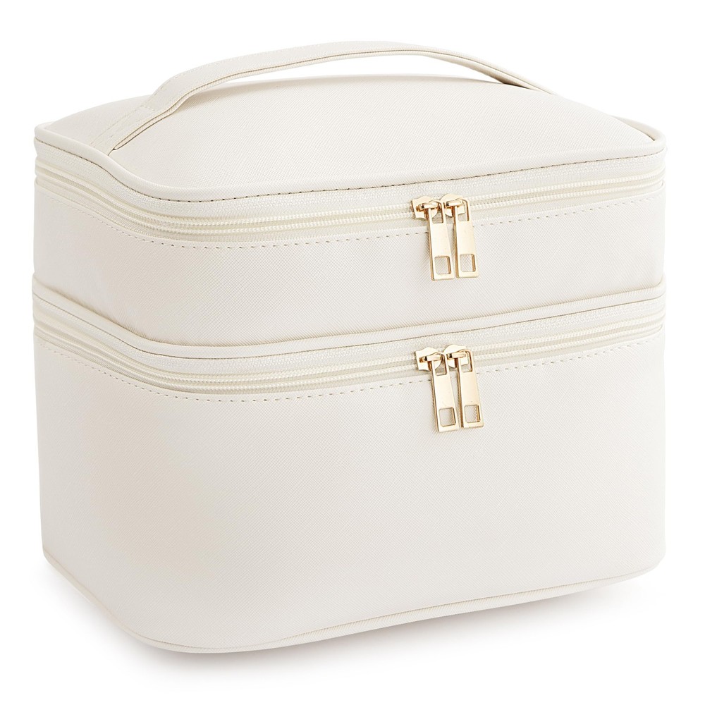 HBlife Double Layer Travel Makeup Bag Portable Cute Leather Large, Beige