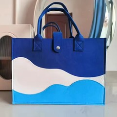 Blue White Wave Pattern Foldable Reusable Polyester Shopping Bag Medium Modern