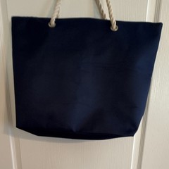 Blue/Gold Feather Print Fabric Tote Bag Rope Handles Zip Closure 20x6x15