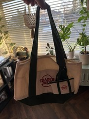 Trader Joe’s Canvas Reusable Shopping Bag Green Beige Foldable Inner Pocket