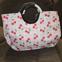 Living In Style City Tote Cherries Pink Gingham Canvas Type Large Bag NEW