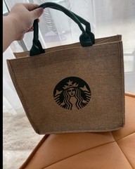 Starbucks Reusable Foldable Jute Shopping Bag Beige Green Handles Inner Pocket