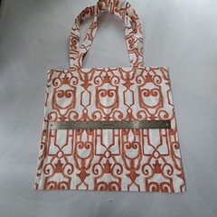 Geometric Pattern Foldable Cotton Reusable Tote Shopping Bag Medium Orange White