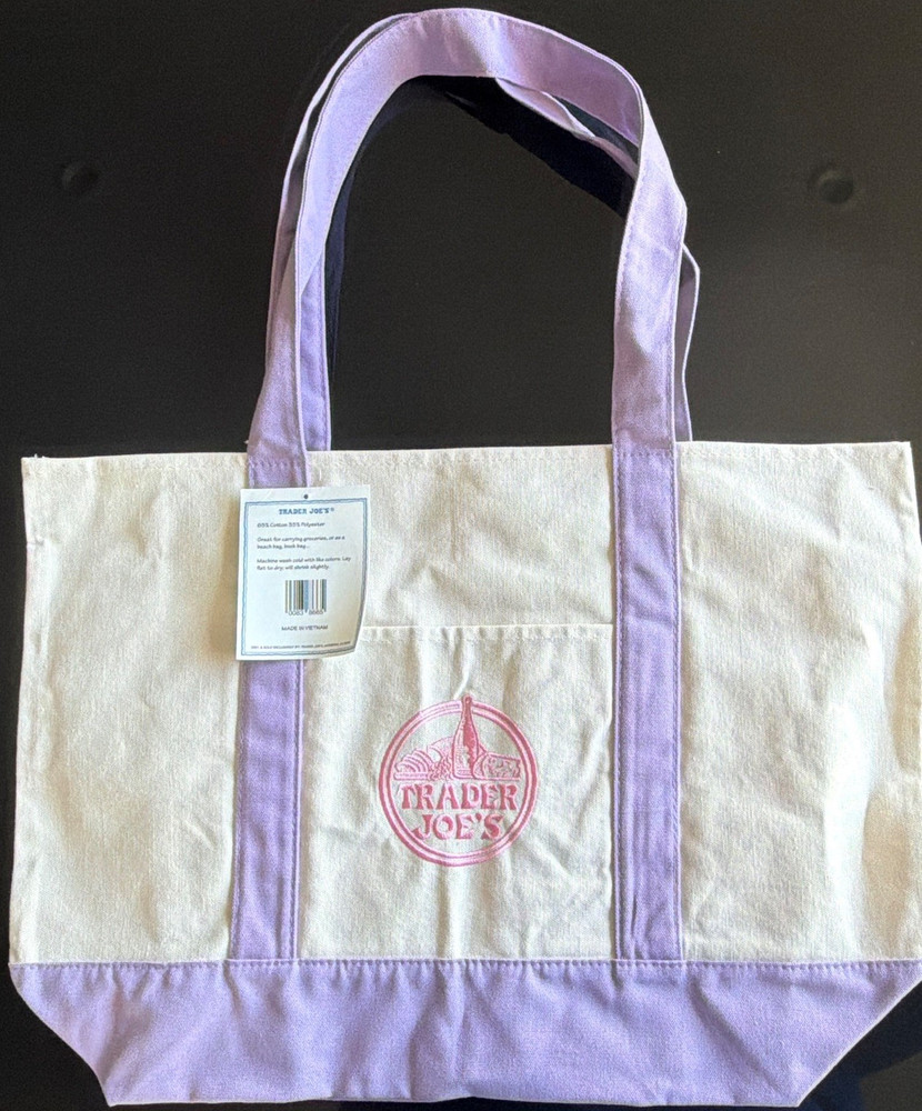 Trader Joe’s Canvas Reusable Large Tote Bag Beige/Purple Shoulder Strap 20x14x6