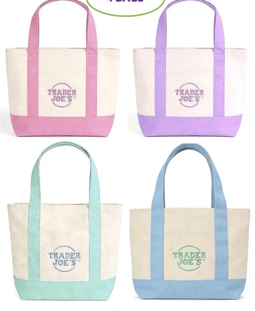 4X TRADER JOE’S MINI PASTEL CANVAS TOTE BAG, NEW SPRING PASTEL COLORS 4 BAGS SET