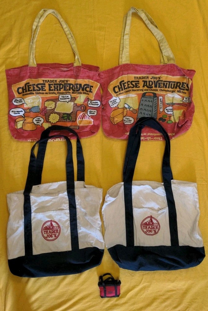 Trader Joes Canvas Reusable Bag Bundle 5 Bags Cheese, Blue Cream, Foldable