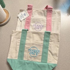 Trader Joe’s Mini Foldable Canvas Tote Bags Pink Green Cream Set of 2