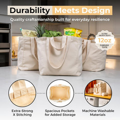Canvas Grocery Bag 3Pc XL Set with Real Pockets, Long Shoulder Strap and Short H