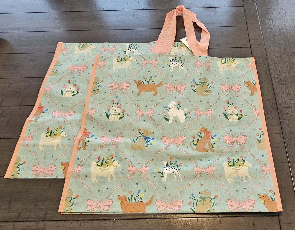 Lot 2 TJ Maxx Puppy Floral Tote Bags XL Reusable Waterproof Shopping Gift ECO